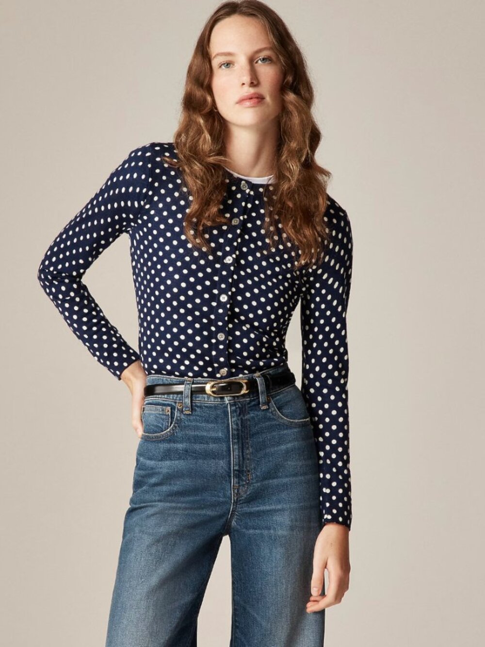 J. Crew Carolyn cardigan in polka-dot merino wool navy dots Size XS